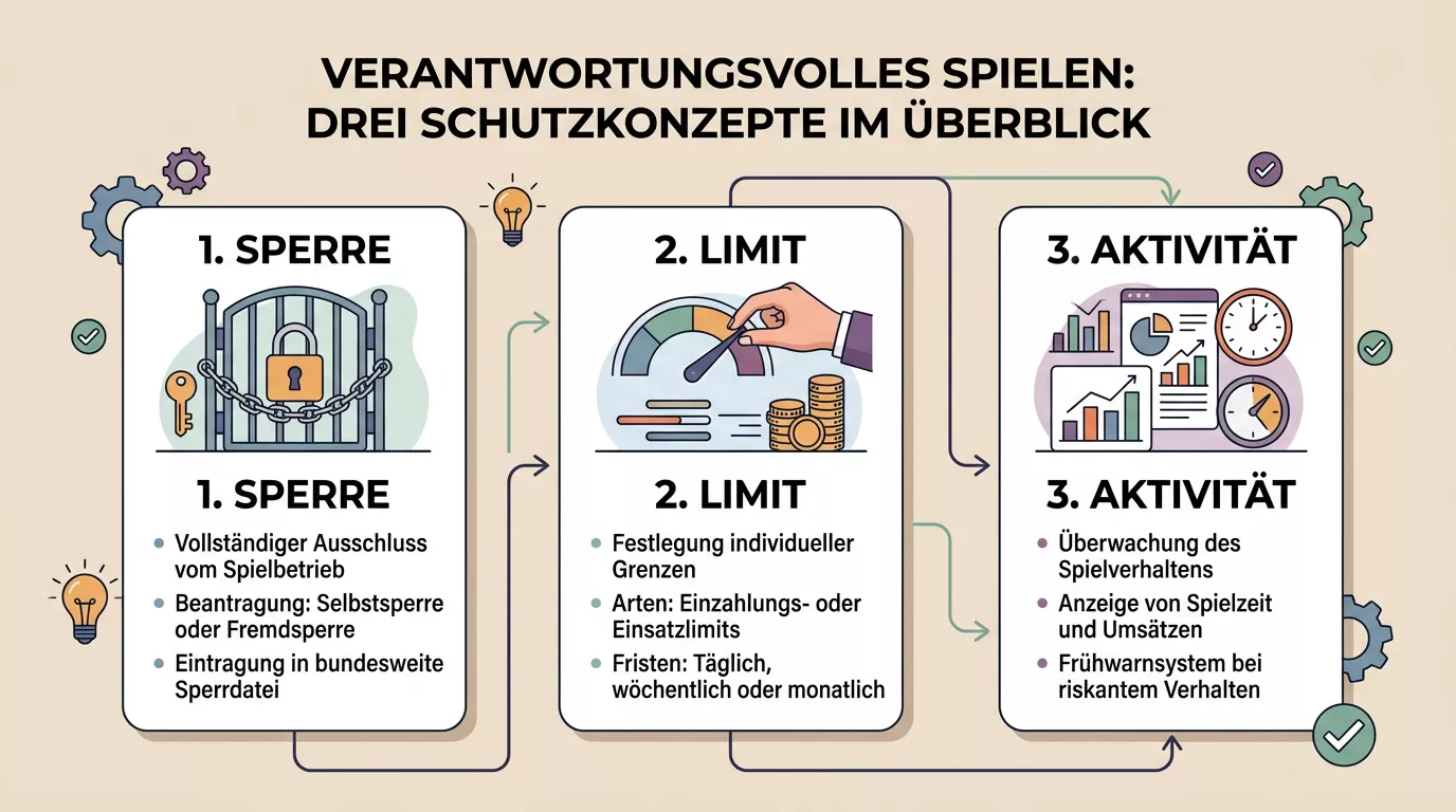 Abstrakte Übersicht mit getrennten Feldern für Sperre, Limits und Aktivitätskontrolle